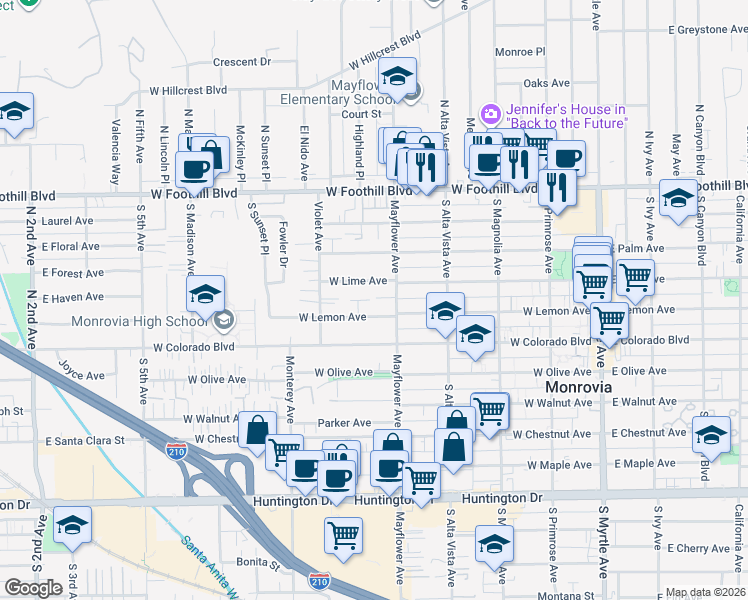 map of restaurants, bars, coffee shops, grocery stores, and more near 569 West Lemon Avenue in Monrovia