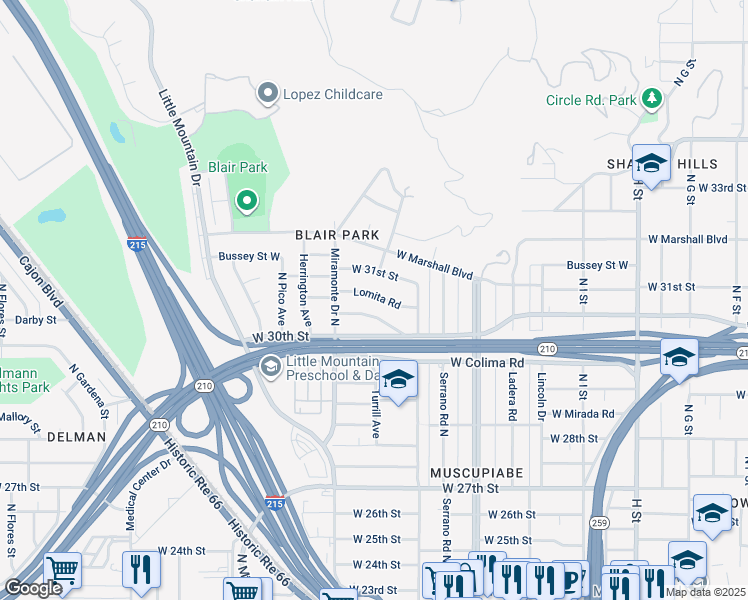 map of restaurants, bars, coffee shops, grocery stores, and more near 1253 Lomita Road in San Bernardino