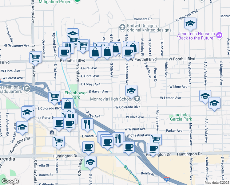 map of restaurants, bars, coffee shops, grocery stores, and more near 337 South Lincoln Place in Monrovia