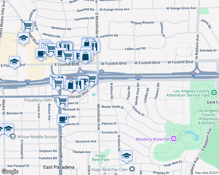map of restaurants, bars, coffee shops, grocery stores, and more near 533 North Altura Road in Arcadia