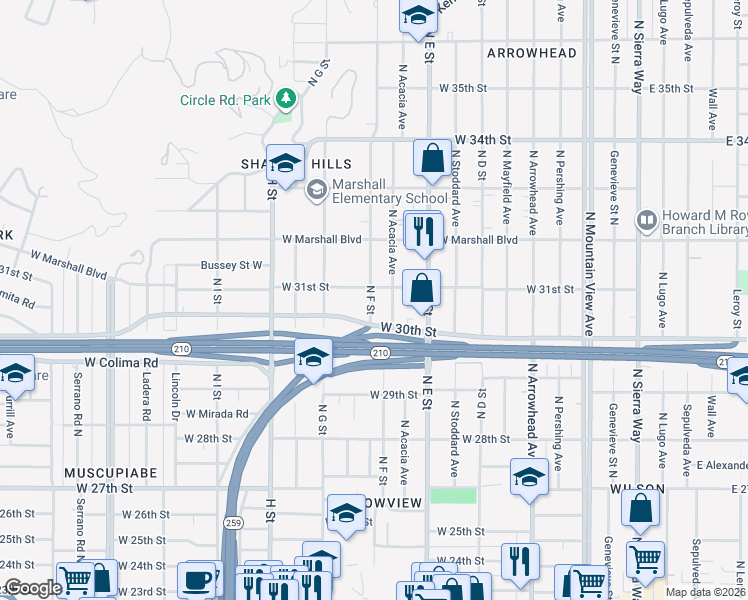 map of restaurants, bars, coffee shops, grocery stores, and more near 3088 North F Street in San Bernardino