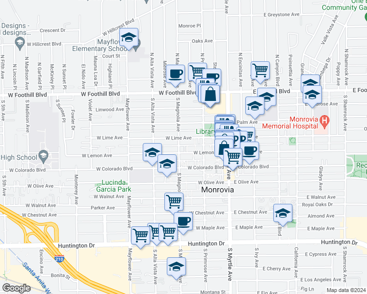 map of restaurants, bars, coffee shops, grocery stores, and more near 245 West Lemon Avenue in Monrovia