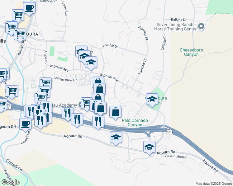 map of restaurants, bars, coffee shops, grocery stores, and more near 5416 Lewis Road in Agoura Hills