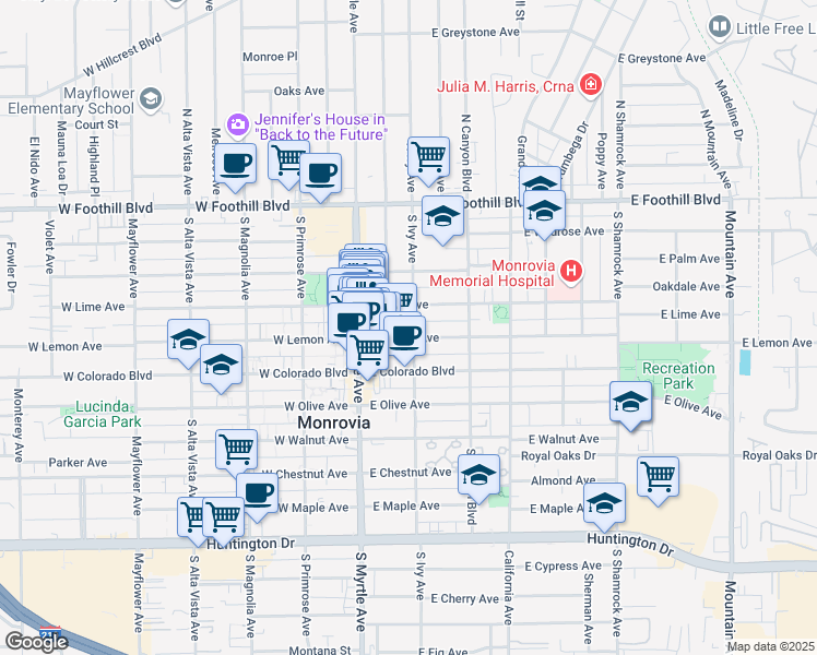 map of restaurants, bars, coffee shops, grocery stores, and more near 415 South Ivy Avenue in Monrovia