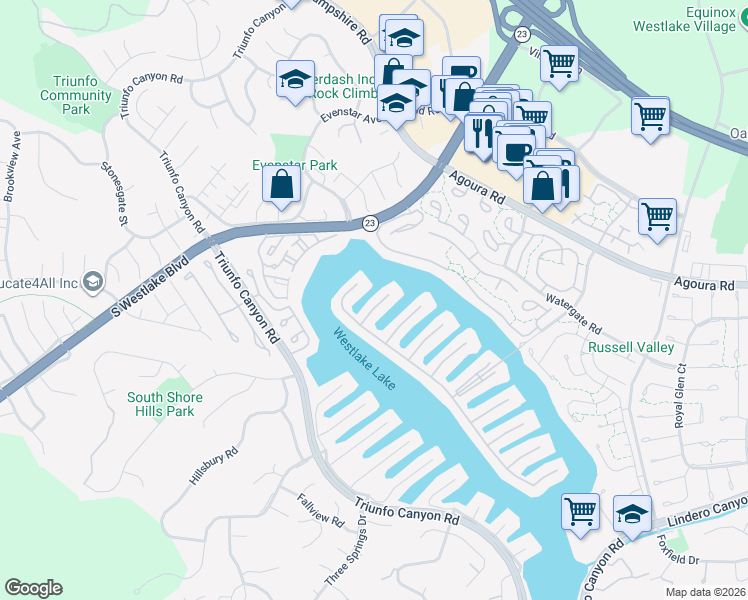 map of restaurants, bars, coffee shops, grocery stores, and more near 1321 Bluesail Circle in Westlake Village
