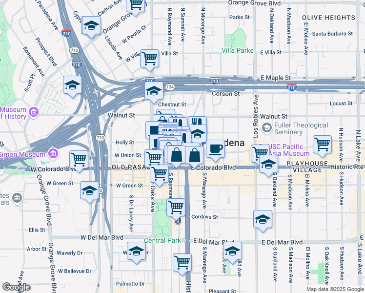 map of restaurants, bars, coffee shops, grocery stores, and more near 75 North Marengo Avenue in Pasadena