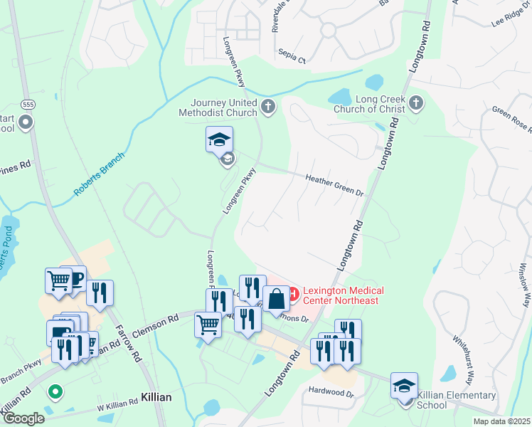 map of restaurants, bars, coffee shops, grocery stores, and more near 1136 Artisan Drive in Columbia