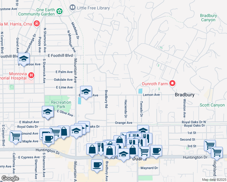 map of restaurants, bars, coffee shops, grocery stores, and more near 1121 East Lemon Avenue in Monrovia
