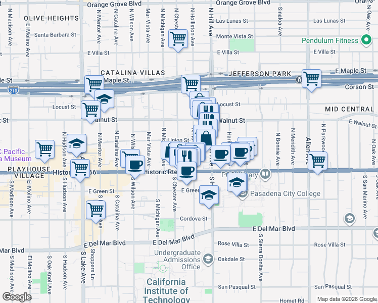 map of restaurants, bars, coffee shops, grocery stores, and more near 85 North Holliston Avenue in Pasadena