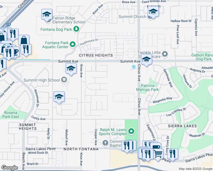 map of restaurants, bars, coffee shops, grocery stores, and more near 15849 Snowy Peak Lane in Fontana