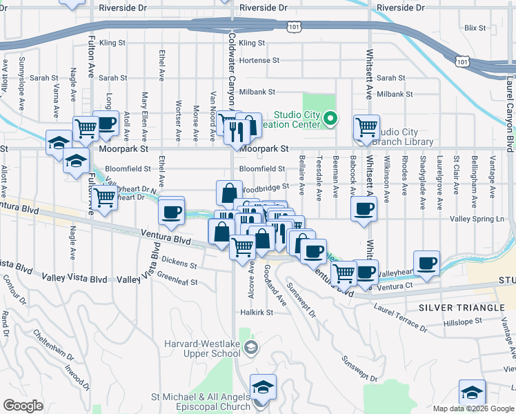 map of restaurants, bars, coffee shops, grocery stores, and more near 4210 Alcove Avenue in Los Angeles