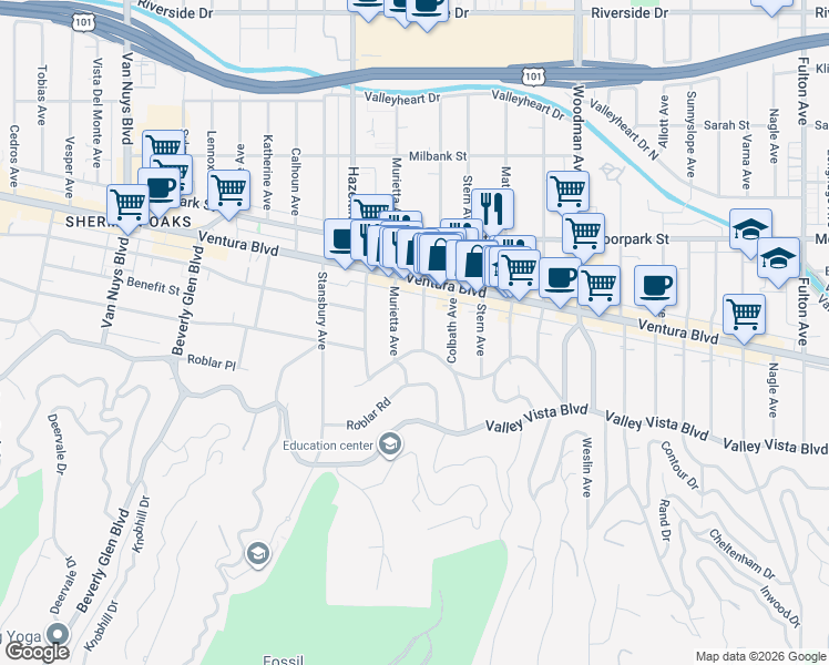 map of restaurants, bars, coffee shops, grocery stores, and more near 4219 Costello Avenue in Los Angeles