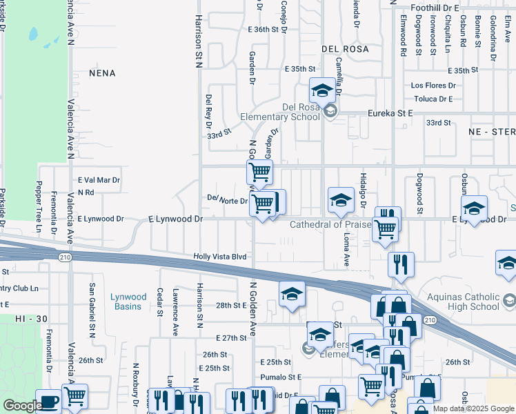 map of restaurants, bars, coffee shops, grocery stores, and more near 3119 North Golden Avenue in San Bernardino