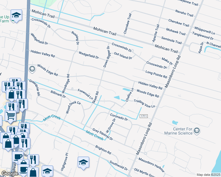 map of restaurants, bars, coffee shops, grocery stores, and more near 5129 Laurenbridge Lane in Wilmington