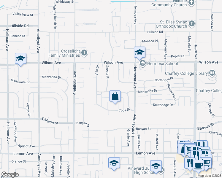map of restaurants, bars, coffee shops, grocery stores, and more near 9936 Manzanita Drive in Rancho Cucamonga