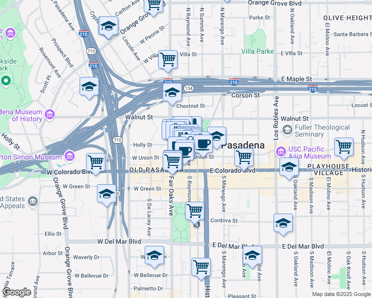 map of restaurants, bars, coffee shops, grocery stores, and more near 93 North Raymond Avenue in Pasadena