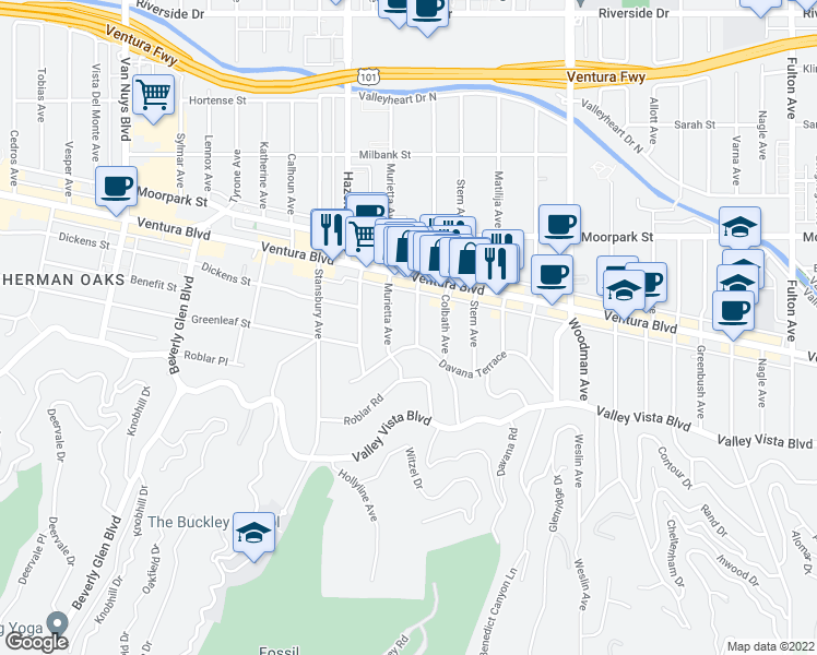 map of restaurants, bars, coffee shops, grocery stores, and more near 4219 Costello Avenue in Los Angeles