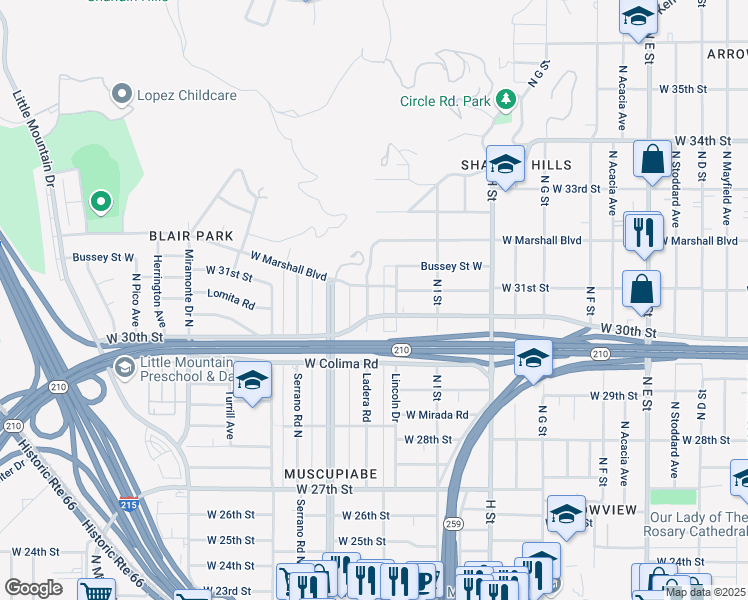 map of restaurants, bars, coffee shops, grocery stores, and more near 3065 Ladera Road in San Bernardino
