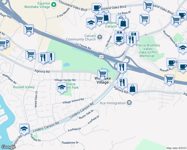 map of restaurants, bars, coffee shops, grocery stores, and more near 4530 Knightsgate Road in Westlake Village