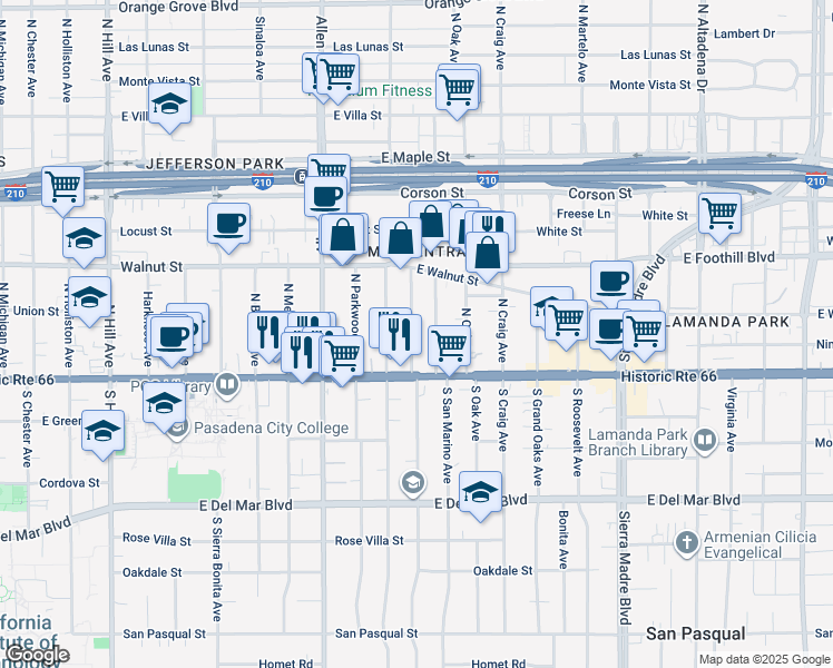 map of restaurants, bars, coffee shops, grocery stores, and more near 72 North Berkeley Avenue in Pasadena