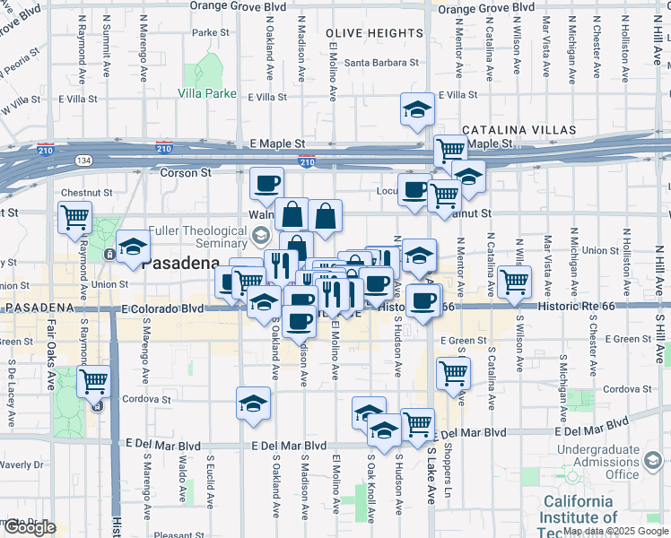map of restaurants, bars, coffee shops, grocery stores, and more near 99 North El Molino Avenue in Pasadena