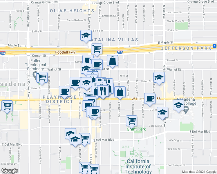 map of restaurants, bars, coffee shops, grocery stores, and more near 73 North Catalina Avenue in Pasadena