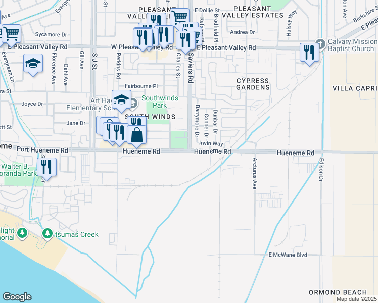 map of restaurants, bars, coffee shops, grocery stores, and more near 2 Hueneme Road in Oxnard