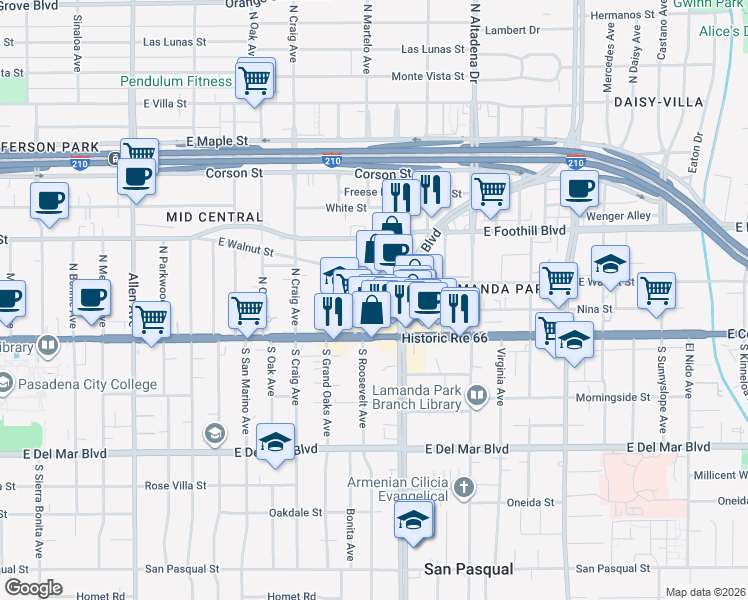map of restaurants, bars, coffee shops, grocery stores, and more near 76 North Roosevelt Avenue in Pasadena