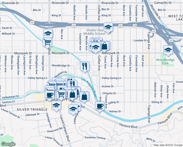map of restaurants, bars, coffee shops, grocery stores, and more near 11792 Moorpark Street in Los Angeles