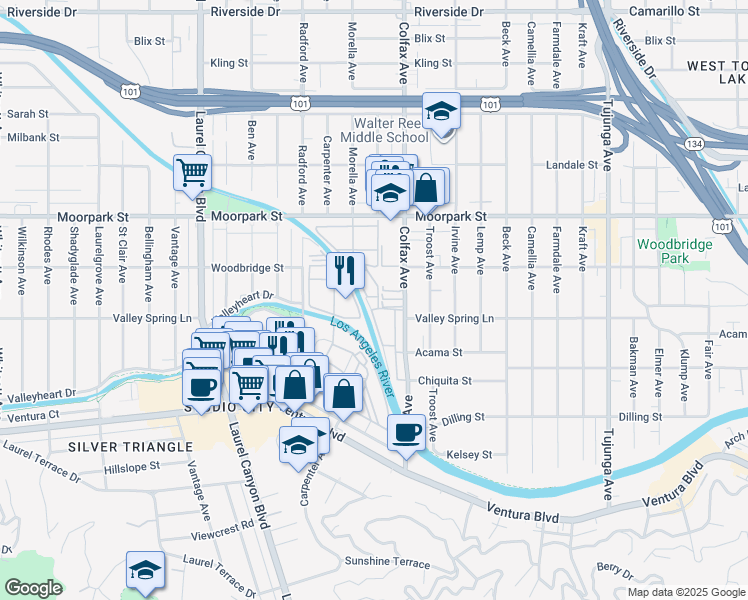 map of restaurants, bars, coffee shops, grocery stores, and more near 11792 Moorpark Street in Los Angeles