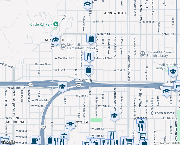 map of restaurants, bars, coffee shops, grocery stores, and more near 3083 North E Street in San Bernardino