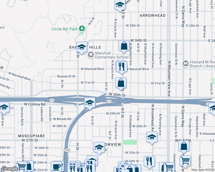 map of restaurants, bars, coffee shops, grocery stores, and more near 3088 North F Street in San Bernardino