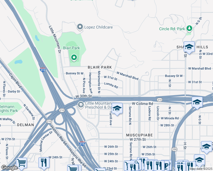 map of restaurants, bars, coffee shops, grocery stores, and more near 1253 Lomita Road in San Bernardino