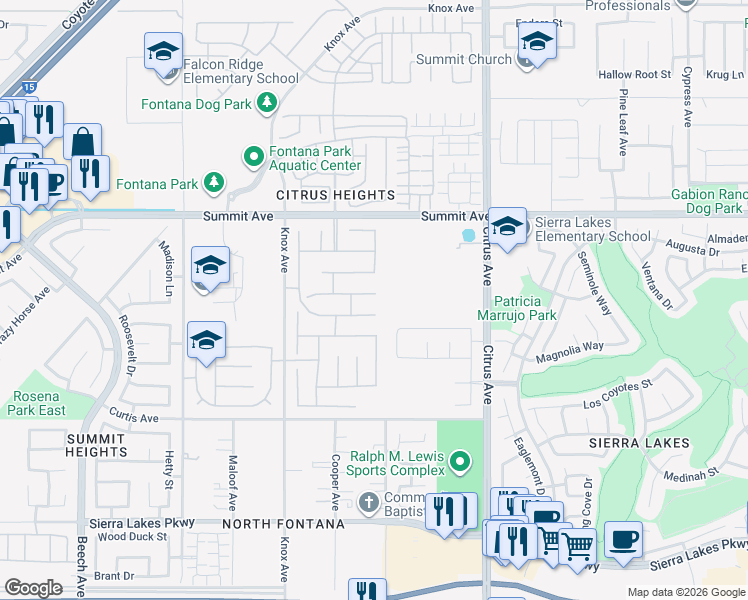 map of restaurants, bars, coffee shops, grocery stores, and more near 15849 Snowy Peak Lane in Fontana