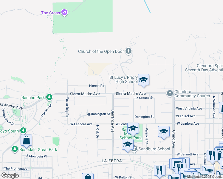 map of restaurants, bars, coffee shops, grocery stores, and more near 18843 Hicrest Road in Glendora