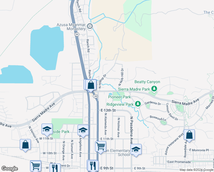 map of restaurants, bars, coffee shops, grocery stores, and more near 215 Sierra Madre Avenue in Azusa