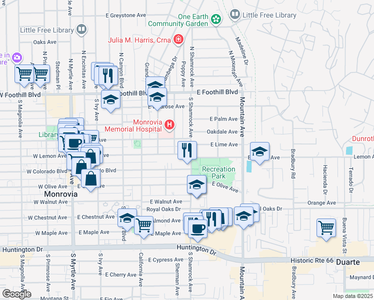 map of restaurants, bars, coffee shops, grocery stores, and more near 615 East Lemon Avenue in Monrovia