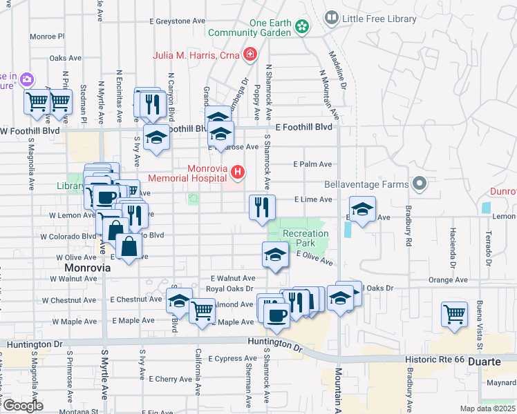 map of restaurants, bars, coffee shops, grocery stores, and more near 615 East Lemon Avenue in Monrovia
