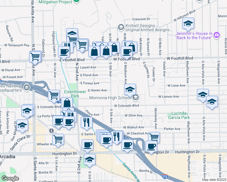 map of restaurants, bars, coffee shops, grocery stores, and more near 337 South Lincoln Place in Monrovia
