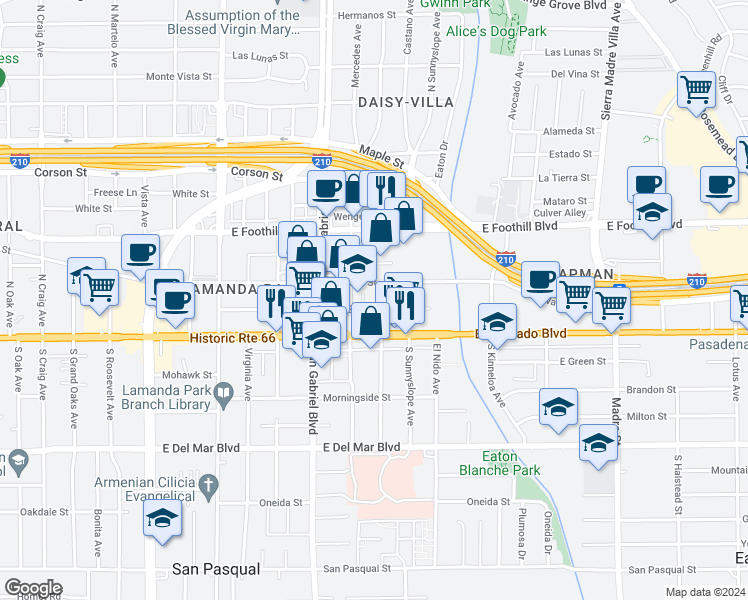 map of restaurants, bars, coffee shops, grocery stores, and more near 2822 East Walnut Street in Pasadena