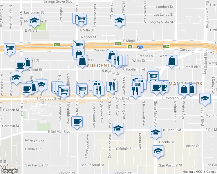 map of restaurants, bars, coffee shops, grocery stores, and more near 78 North San Marino Avenue in Pasadena