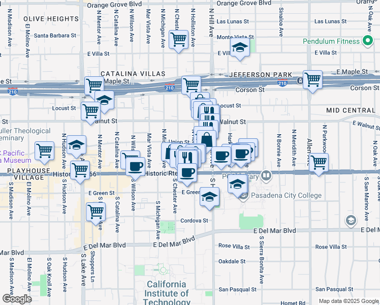 map of restaurants, bars, coffee shops, grocery stores, and more near 85 North Holliston Avenue in Pasadena