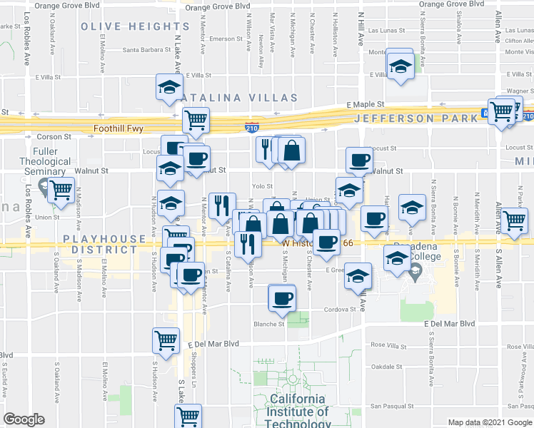map of restaurants, bars, coffee shops, grocery stores, and more near 64N Mar Vista Avenue in Pasadena