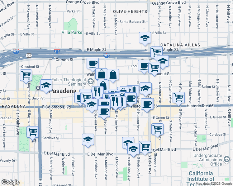 map of restaurants, bars, coffee shops, grocery stores, and more near 99 North El Molino Avenue in Pasadena