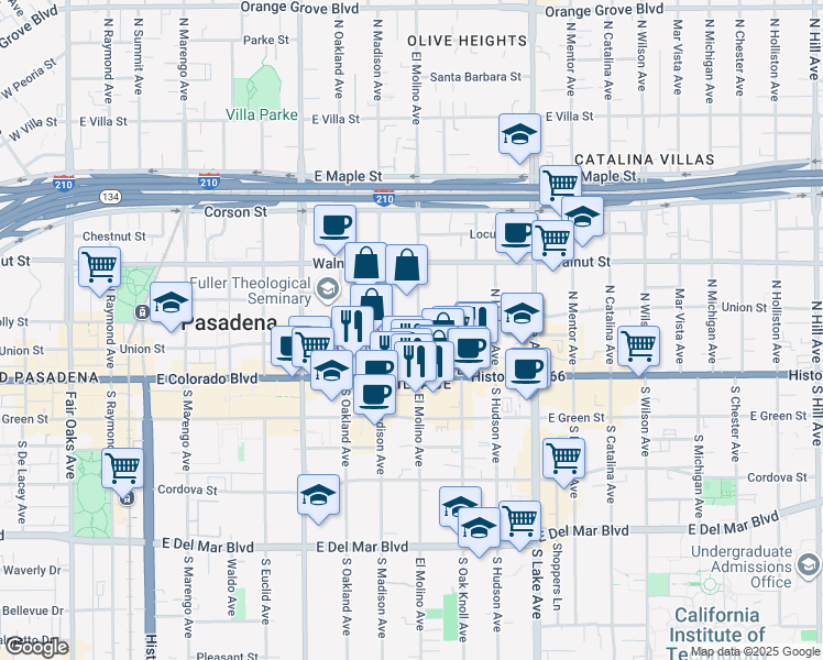 map of restaurants, bars, coffee shops, grocery stores, and more near 99 North El Molino Avenue in Pasadena