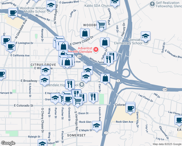 map of restaurants, bars, coffee shops, grocery stores, and more near 132 Sinclair Avenue in Glendale