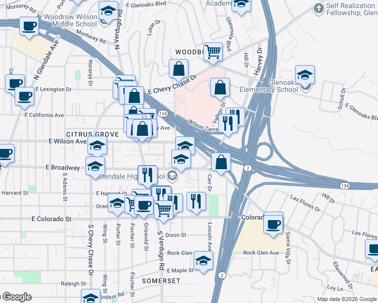 map of restaurants, bars, coffee shops, grocery stores, and more near 132 Sinclair Avenue in Glendale