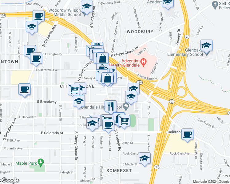 map of restaurants, bars, coffee shops, grocery stores, and more near 1415 Barrington Way in Glendale