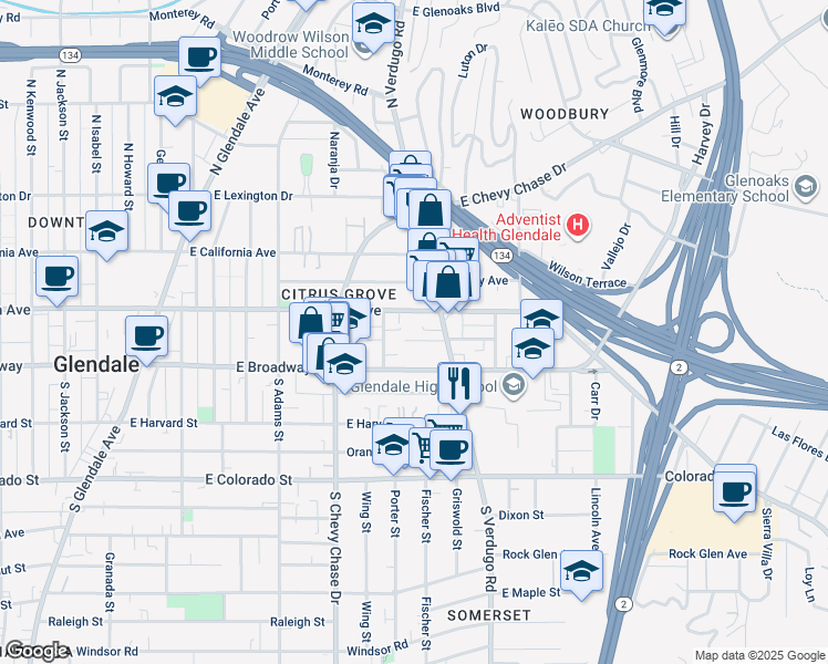 map of restaurants, bars, coffee shops, grocery stores, and more near 135 North Verdugo Road in Glendale