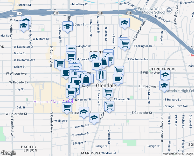 map of restaurants, bars, coffee shops, grocery stores, and more near 134 North Kenwood Street in Glendale